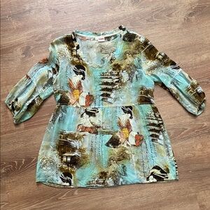 Tianello Artistic Multicolor Asian Theme Babydoll Tunic Blouse Small